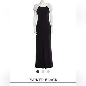 Parker Black Evening Gown Dress with White Beaded Cap Sleeves and front slit